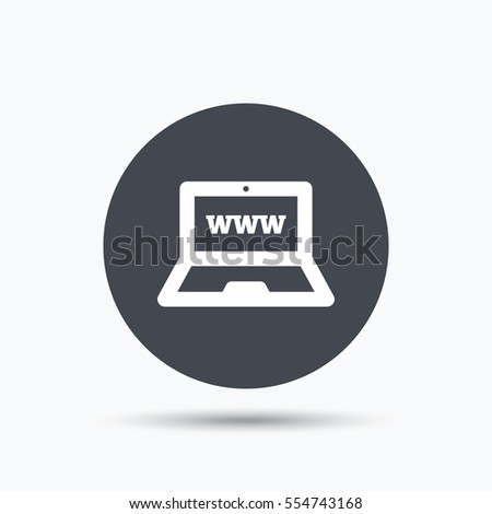 Computer icon. Notebook or laptop pc symbol. Flat web button with icon on white background. Gray round pressbutton with shadow. 