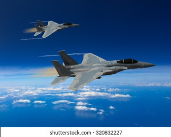 Computer Illustration - Modern US style jet fighters at high altitude in fast flight.