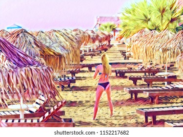 Computer Image Of Young Woman In Bikini Staying On Sunny Cyprus Beach With Smart Phone Near Palm Tree Umbrellas