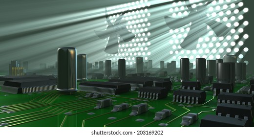 Computer Inside, Fantasy Circuit Board. Technology 3d Illustration