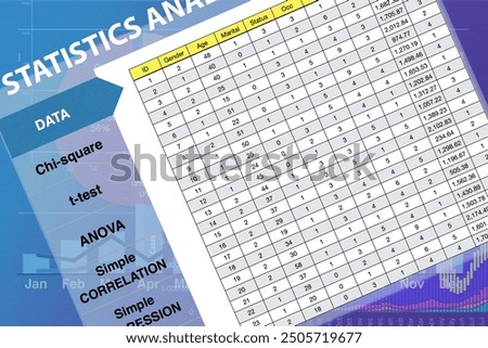 Computer interface screen displays tables of data for use in statistics analyzing for background.
