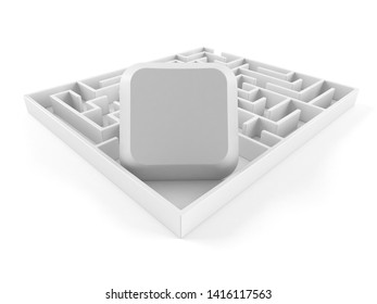 Computer key inside maze isolated on white background. 3d illustration