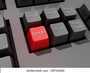 A Computer Keyboard Close Up Of A Red Delete Key.