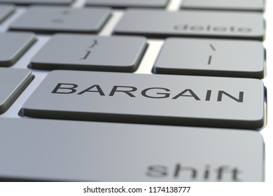 Computer keyboard featuring BARGAIN key. Conceptual 3D rendering