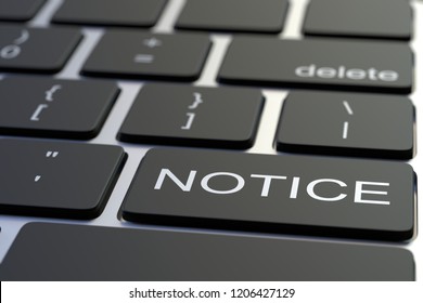 Computer keyboard featuring NOTICE key. Conceptual 3D rendering