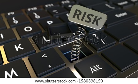 Computer keyboard and jack-in-the-box RISK message in the key. Conceptual 3D rendering