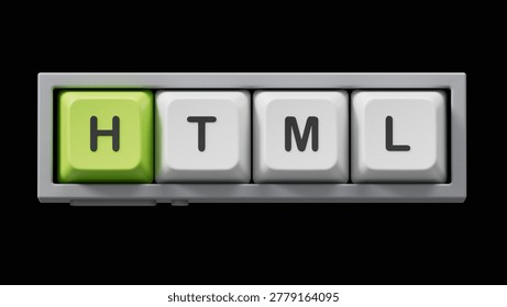 Computer keyboard keys with HTML business word.close up of Computer keyboard keys,Business Concept.3D rendering on black Screen for footage and clipping path.
