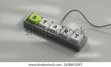 Computer keyboard keys with the word start. To start a business, job, project or career concept.3D rendering on white background.