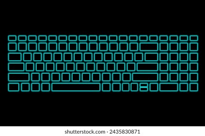 Computer keyboard with neon backlight on black background. Modern fluorescent design for banner. luminescent illumination art illustration. Light glowing silhouette pattern, template top View.