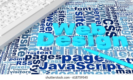Computer keyboard on white desk with web design keywords wordcloud and blue pen creativity concept 3d illustration