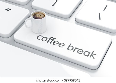 Computer Keyboard White Button With White Coffee Cup. Coffee Break Concept.  3d Rendering