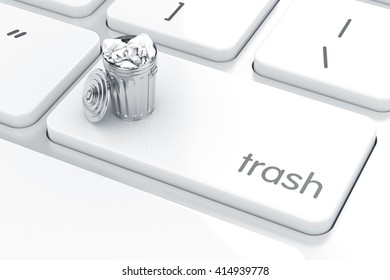 Computer Keyboard White Button With Trash Can. Recycle Bin Concept. 3d Rendering