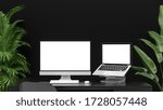 Computer and laptop blank screen and a black furniture on black wall. 3D illustration