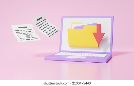 Computer Laptop Mockup Digital Document Transfer, Email Marketing Concept. Cartoon Minimal, Service File Information, Banner, On Pink Background. 3d Render Illustration