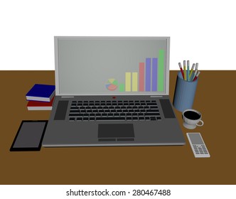 computer laptop put non the table 3d
