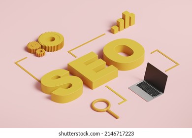 Computer laptop and search engine optimization process. Financial graph, gears and data search on pink background. Concept of seo. 3D rendering