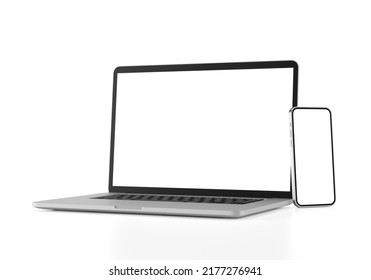 Computer Laptop And Smartphone Mockup With Blank Display Isolated On White Background. 3d Rendering.