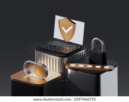 Computer laptop Smartphone security guard on. Minimalist 3D render design. Online banking concept. 3d icon render. Black background. 3D Illustration