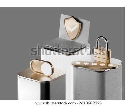 Computer laptop Smartphone security guard on. Minimalist 3D render design. Online banking concept. 3d icon render white background