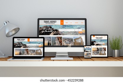 Ein Computer, Laptop, Smartphone und Tablet auf einem Desktop-Arbeitsplatz mit Website für Reisebüros auf dem Bildschirm. 3D-Illustration. Alle Bildschirmgrafiken sind fertig.