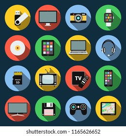 Computer, Laptop, Tablet, Memory Card, Camera Smartphone And Other Digital Devices Flat Icons