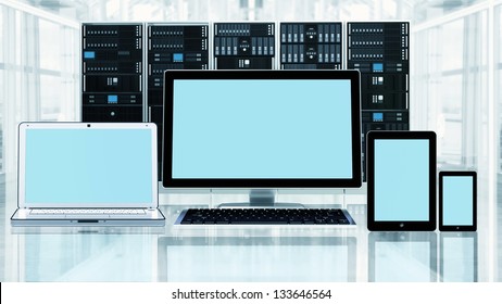 A computer, laptop, tablet, and a smart phone in front of server cabinet. You can use blank screen space to display any picture or design  to suit your design purposes. - Shutterstock ID 133646564