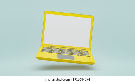 Computer Laptop Yellow Color Mock-Up On Blue Pastel Background. 3D Render.