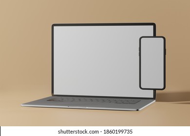 Computer And Mobile Phone Screen Mockup Presentation In 3d Rendering Illustration Scene Creator