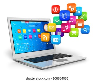 Computer Mobility, Internet Communication And Cloud Computing Concept: White Laptop With Cloud Of Color Application Icons Isolated On White Background