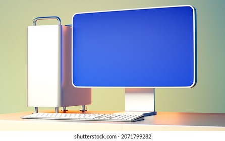 Computer Mockup. Modern Computer With Blank Monitor. Desktop Computer With Blue Screen. Template For Software Demonstration. Concept - Office Equipment. Blank Display Mockup. 3d Rendering.