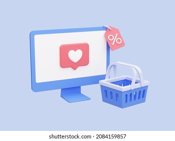 Computer monitor and basket. Online shopping via Internet. Sale of goods with discount coupon. Banner mockup for promotion. 3D Rendering. Blue