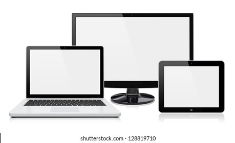 Computer Monitor, Laptop And Tablet Pc With A Blank Screen. Isolated On A White. 3d Image