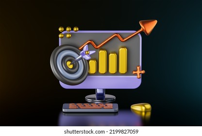 Computer Monitor Mouse Keyboard With Bulls Eye Arrow Chart Bar Sign On Dark Background 3d Render