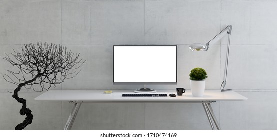 Computer Monitor On Office Table With Plant, Desk Lamp, Coffee Cup And Concrete Wall Realistic 3D Rendering