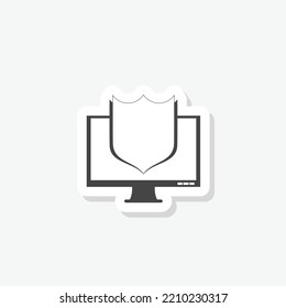 Computer Monitor And Shield Icon Sticker Isolated On White Background