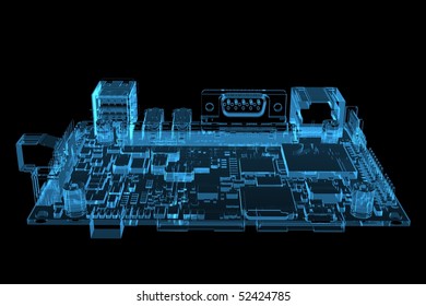 Computer Motherboard 3D Rendered Xray Blue Transparent