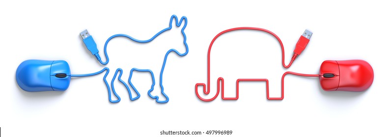 Computer mouse and cable in the shape of the donkey and the elephant, mascots of american political parties - 3D illustration