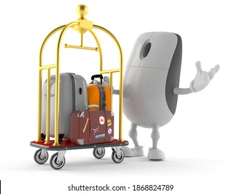 Computer Mouse Character With Hotel Luggage Cart Isolated On White Background. 3d Illustration