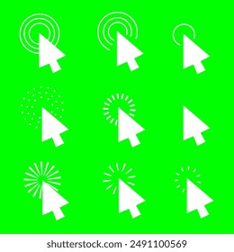 Computer mouse click white cursor gray arrow icons set green screen