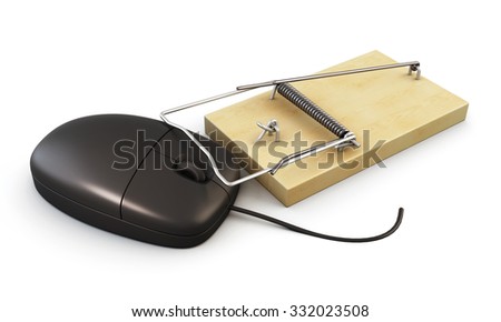 Computer mouse in a mousetrap on a white background. 3d illustration.