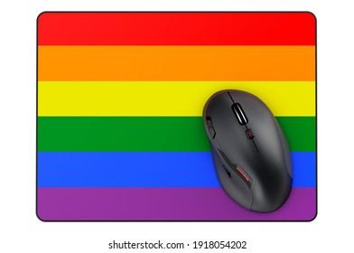 Computer mouse and mouse pad with rainbow LGBT flag, 3D rendering isolated on white background 
