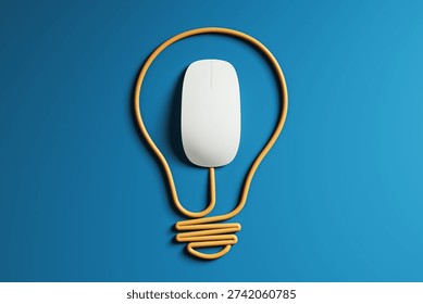 Computer mouse placed inside cable lightbulb shape in minimal style on blue background showing creative technology concept 3D Rendering