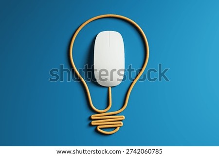 Computer mouse placed inside cable lightbulb shape in minimal style on blue background showing creative technology concept 3D Rendering