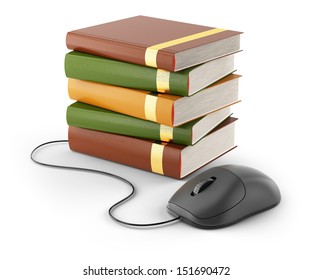 computer mouse and stack of books isolated on white background. 3d rendered image
