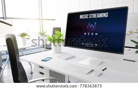 computer with music streaming on screen 3d rendering. 