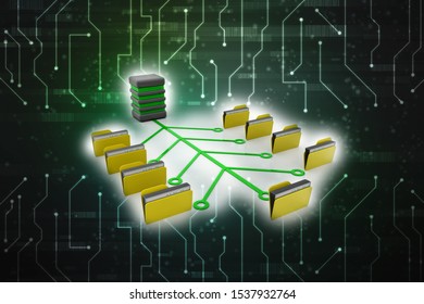 Computer network with data sharing, data sharing concept. 3d render