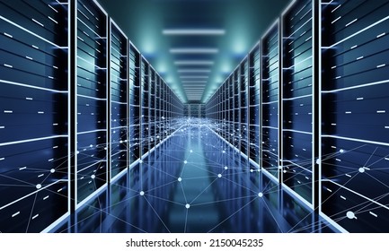 Computer network security server room data center. big data storage and cloud, 3D illustration