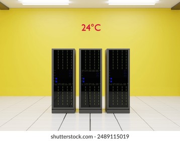 computer network server room 3d render representing internet and hosting company and data center concept Server room with rows of servers