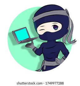 Computer Ninja With A Floating Computer Logo. Ninja Chibi Digital Art In A Circle Background.