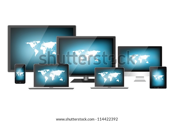 Computer, notebook, tablet pc and mobile phone\
isolated on white\
background